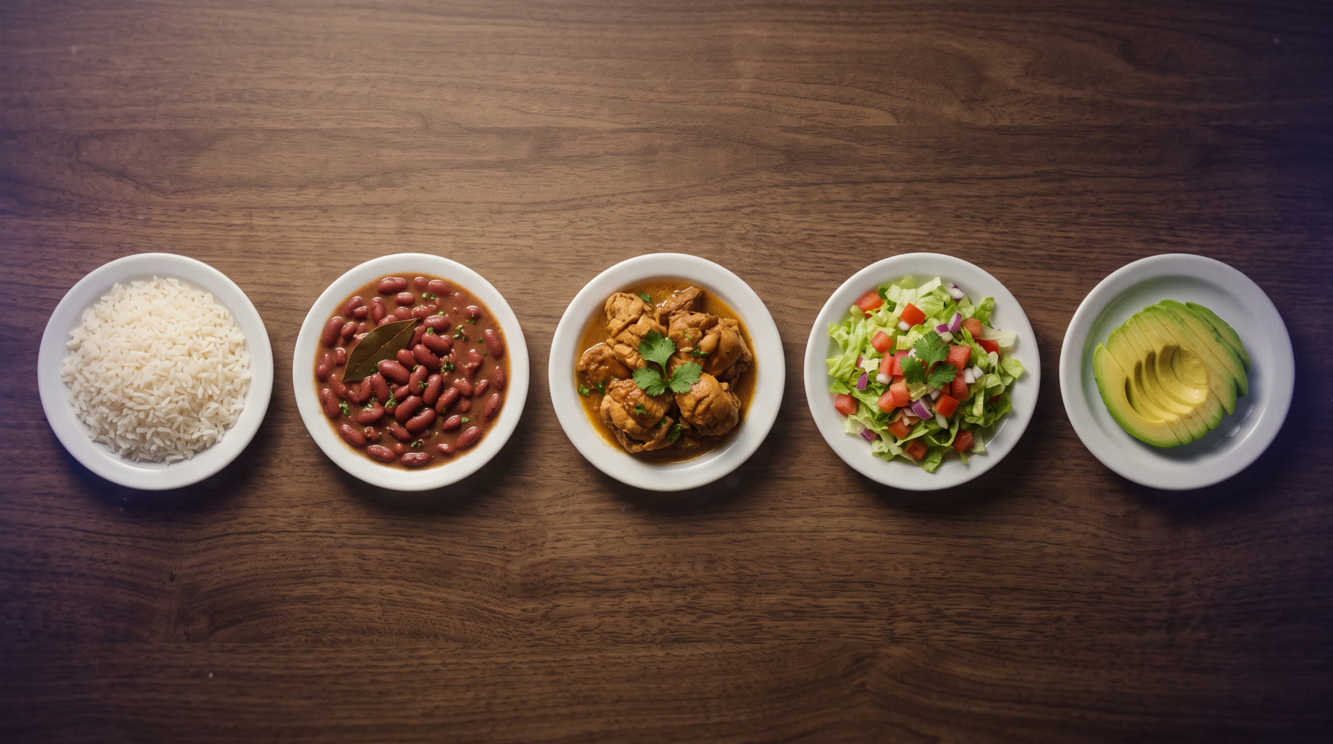 Cinco platos blancos en fila, cada uno con un solo componente del plato: arroz, habichuela, pollo guisado, ensalada y aguacate